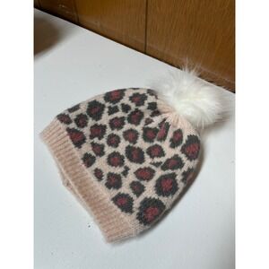 Womens Leopard Print Knit Beanie Hat with Faux Fur Pom Pom Pink Grey Animal